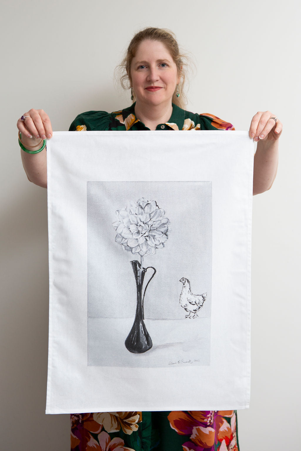 Dahlia Flower in Vase with Chook Tea Towel