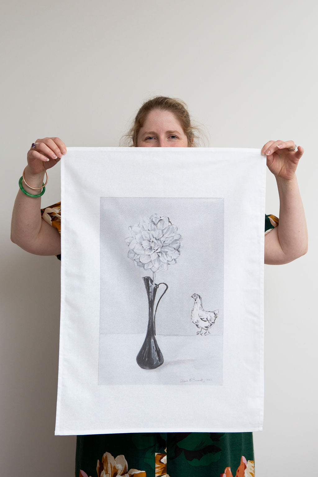 Dahlia Flower in Vase with Chook Tea Towel