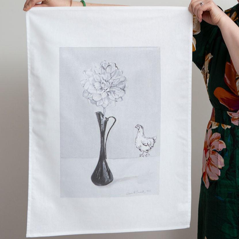 Dahlia Flower in Vase with Chook Tea Towel