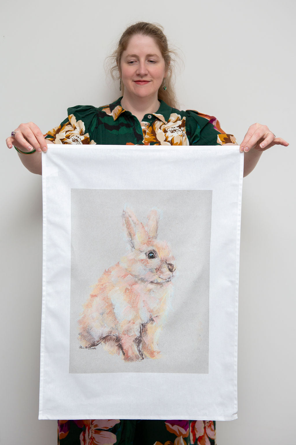 Rainbow Rabbit Tea Towel – Pastel Drawing