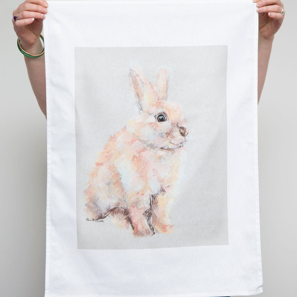 Rainbow Rabbit Tea Towel – Pastel Drawing