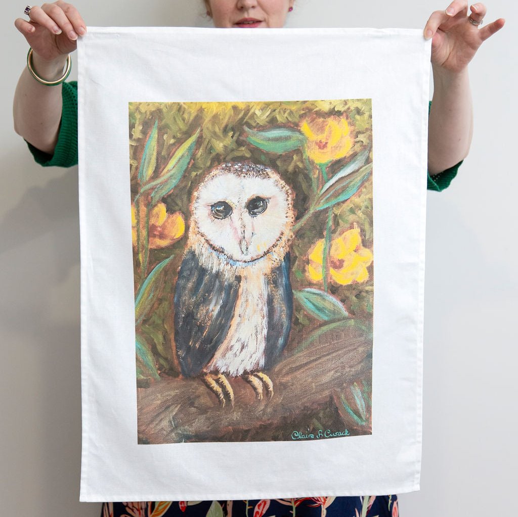 Owl with Yellow Flowers Tea Towel